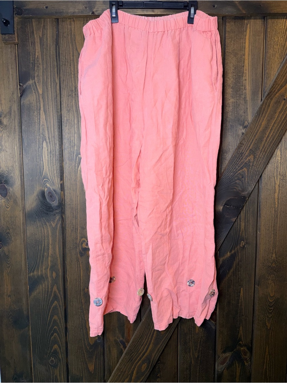 Whats Up 100% Linen Cropped Pants Elastic Waist Buttons Coastal Boho Lagenlook L